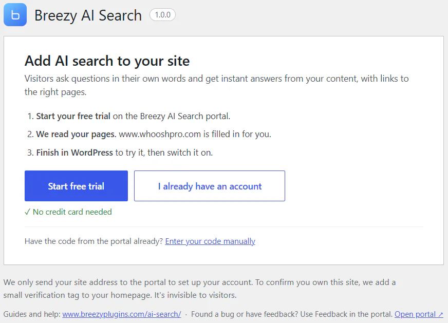 The Breezy AI Search plugin in WordPress admin: Start free trial and I already have an account buttons, with the site address filled in