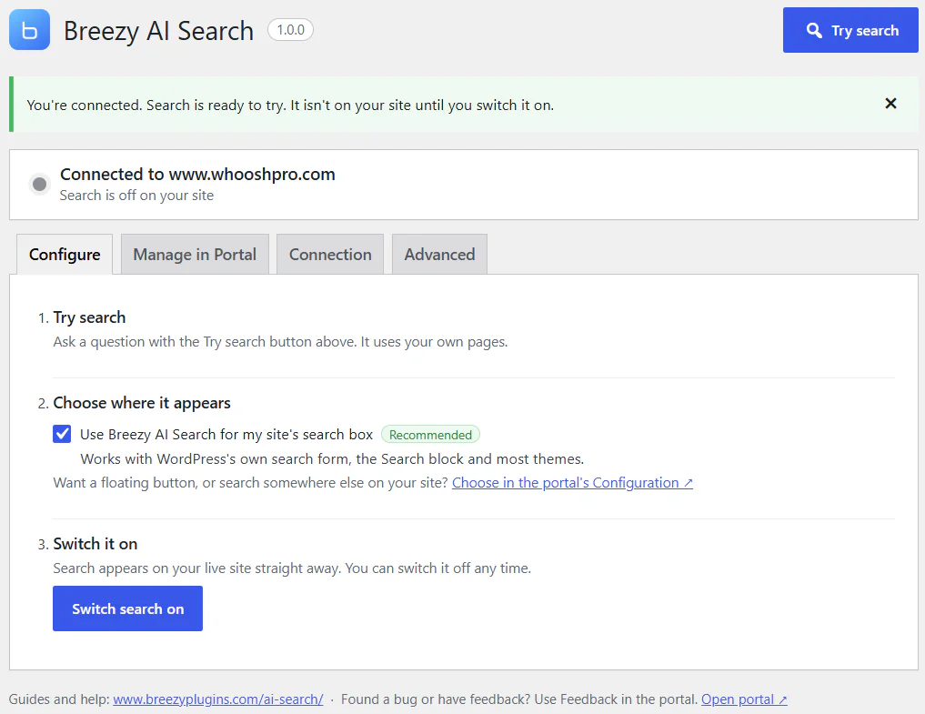 The plugin's Configure tab: try search, choose where it appears, then Switch search on