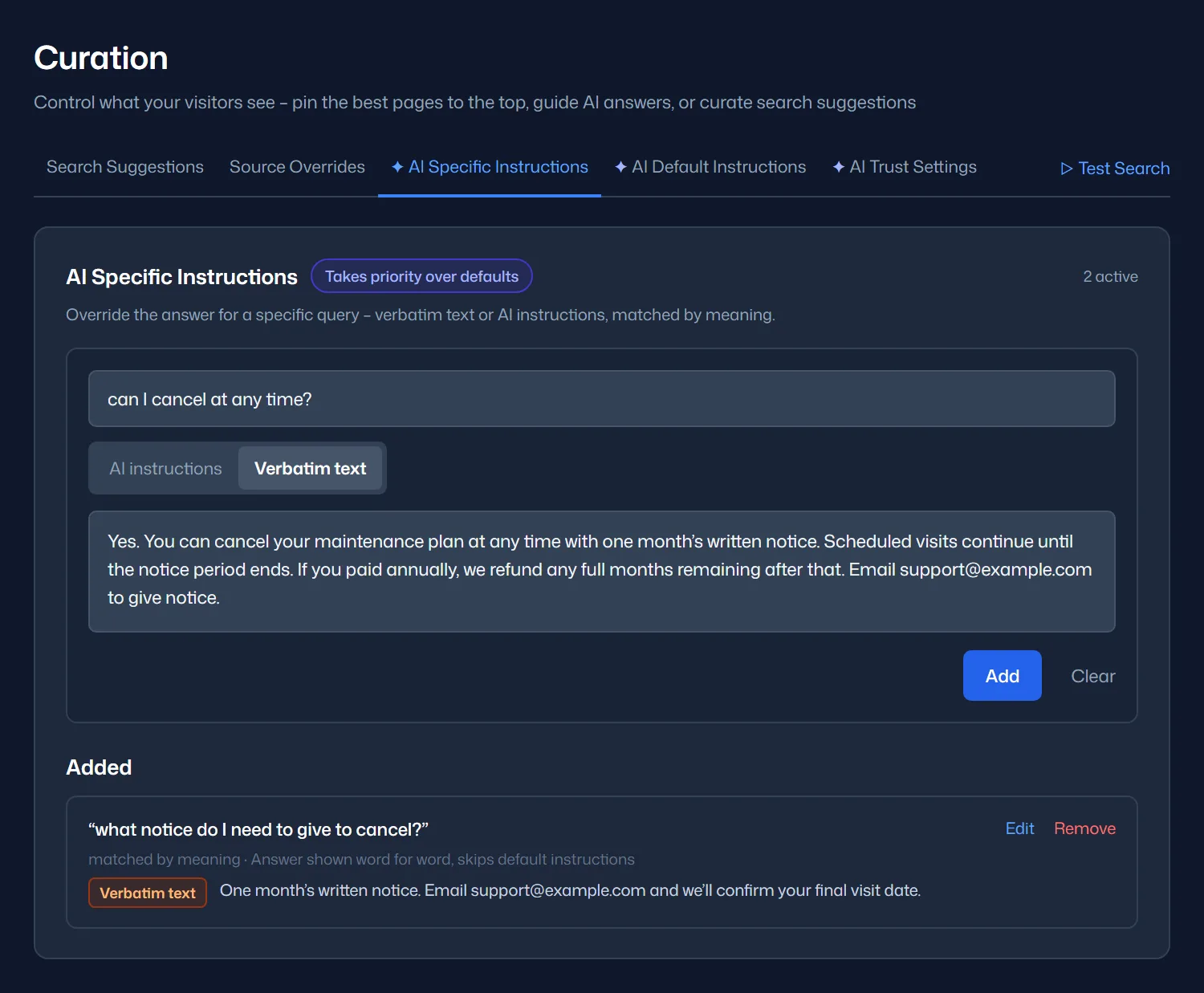 The Curation page, AI Specific Instructions tab: the question “can I cancel at any time?” with Verbatim text selected and a checked cancellation answer, above a saved verbatim answer about the notice period