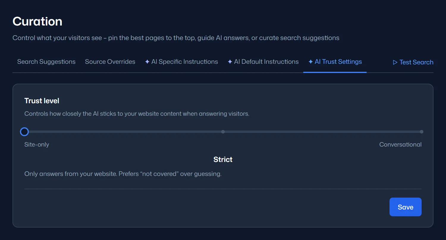 The Curation page, AI Trust Settings tab: the trust level slider set to Strict at the Site-only end, with Conversational at the other end