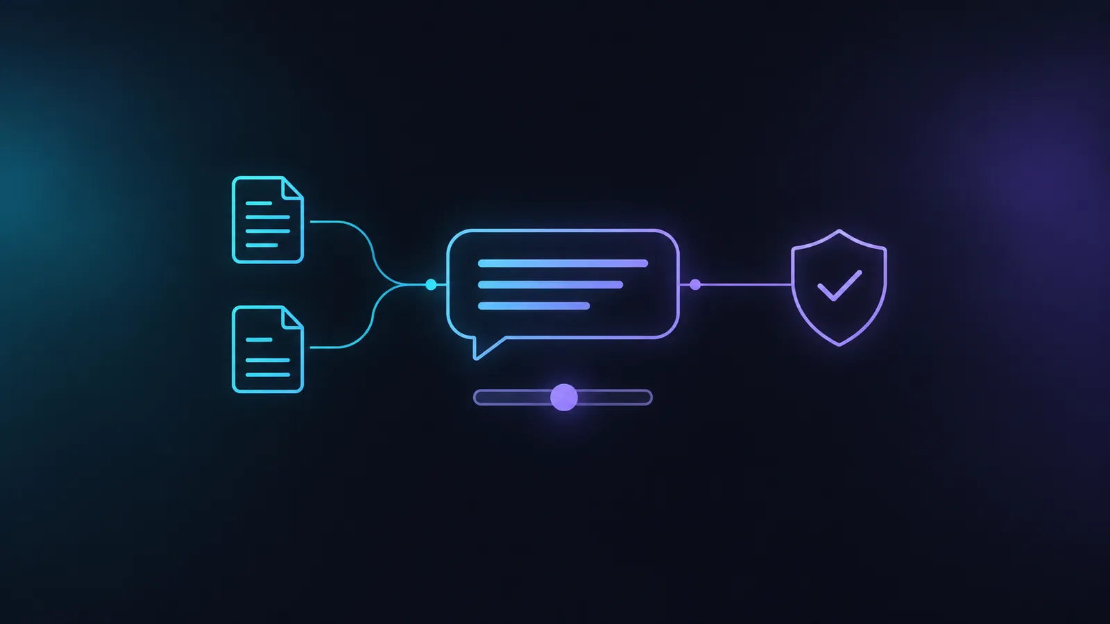 Illustration of two documents feeding a chat answer that carries a verified shield, with a slider beneath it for adjusting how closely answers follow your content.