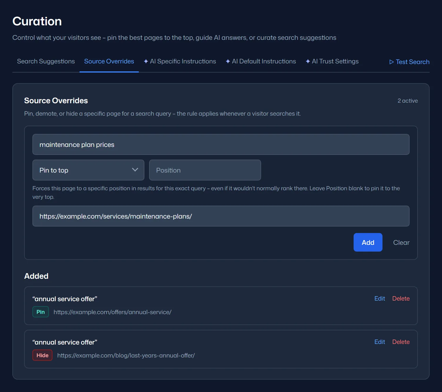 The Curation page, Source Overrides tab: a rule pinning the current maintenance plans page to the top for a query, above saved rules that pin this year's offer and hide last year's offer
