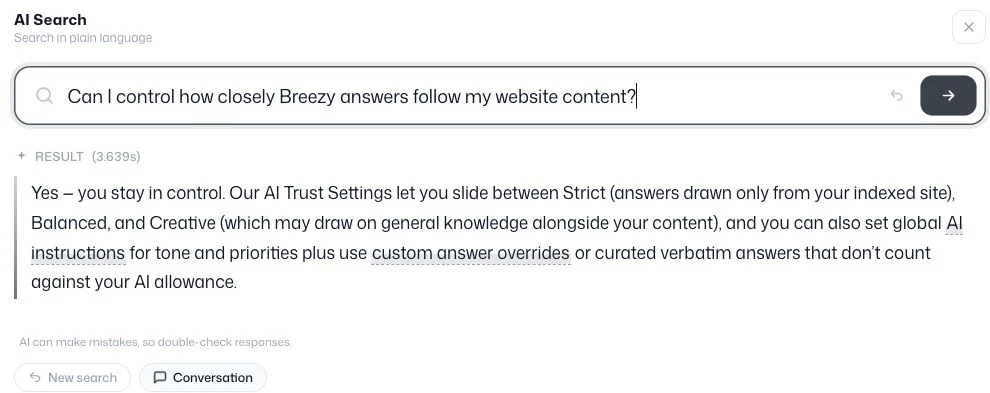 The Breezy AI Search widget answering the question “Can I control how closely Breezy answers follow my website content?” with an explanation of the trust settings and a reminder to double-check responses.