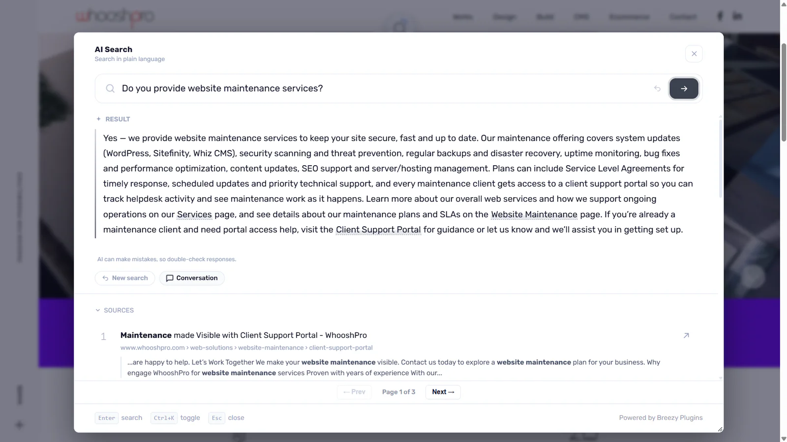 An actual AI Search answer to Do you provide website maintenance services