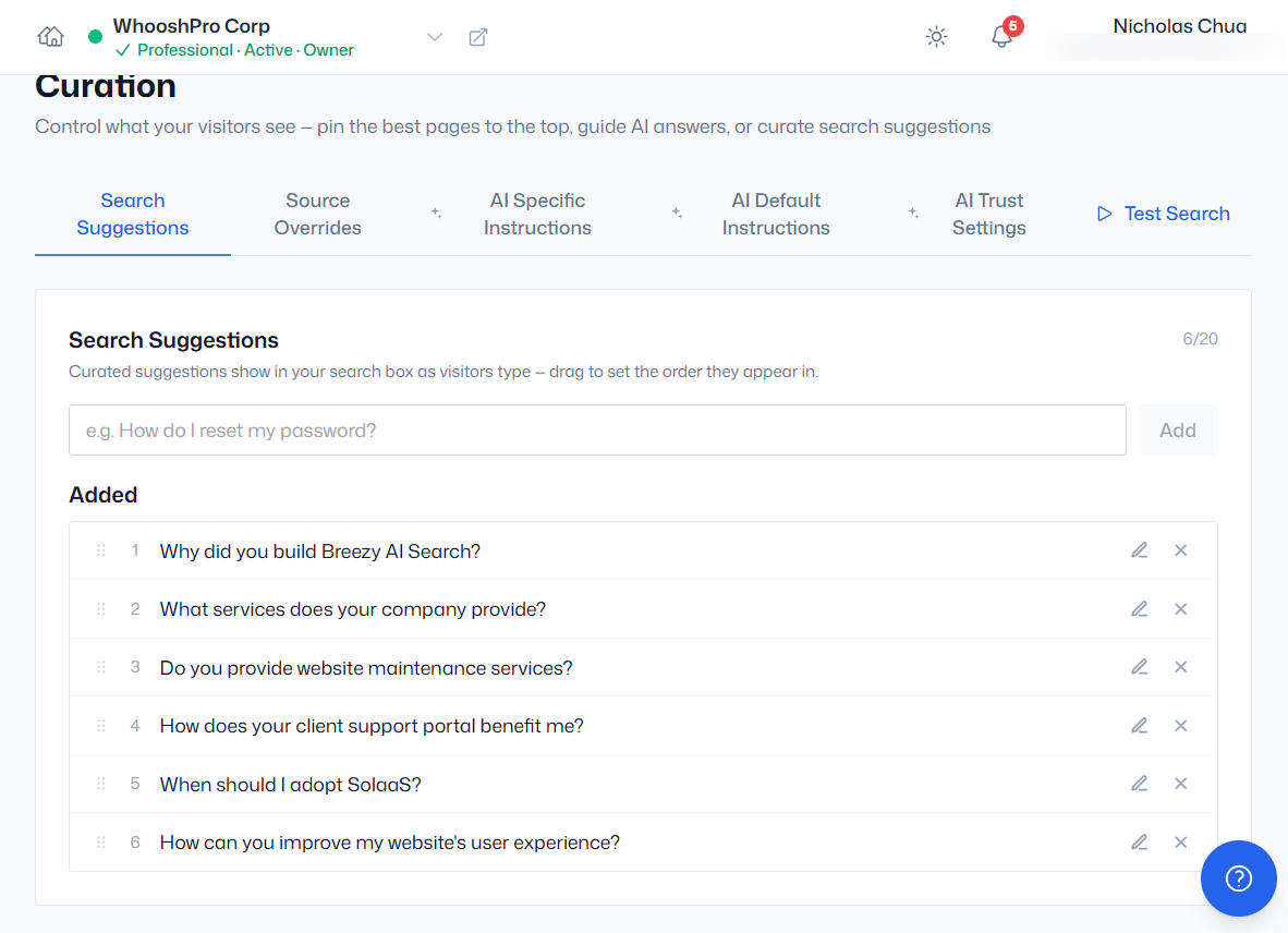 Configuration panel showing the curated suggested-search list