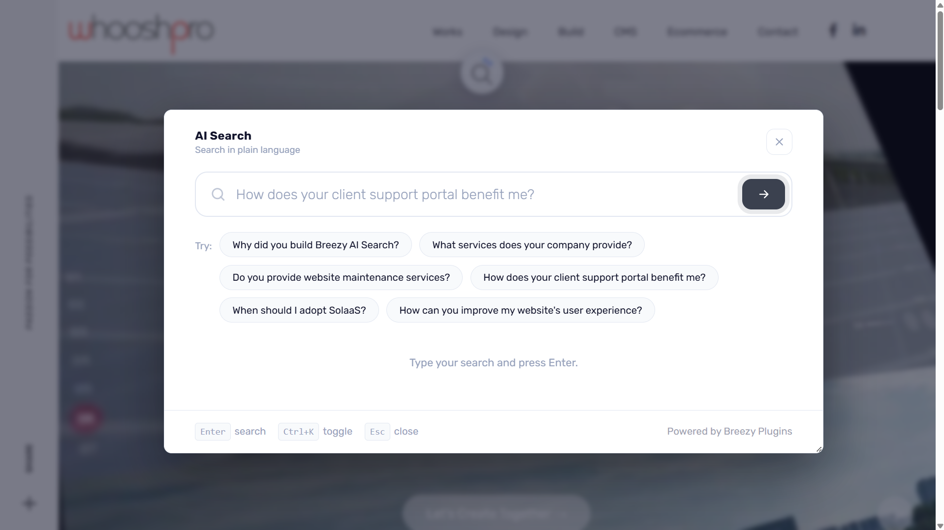 The AI Search dialogue open on whooshpro.com with suggested queries visible