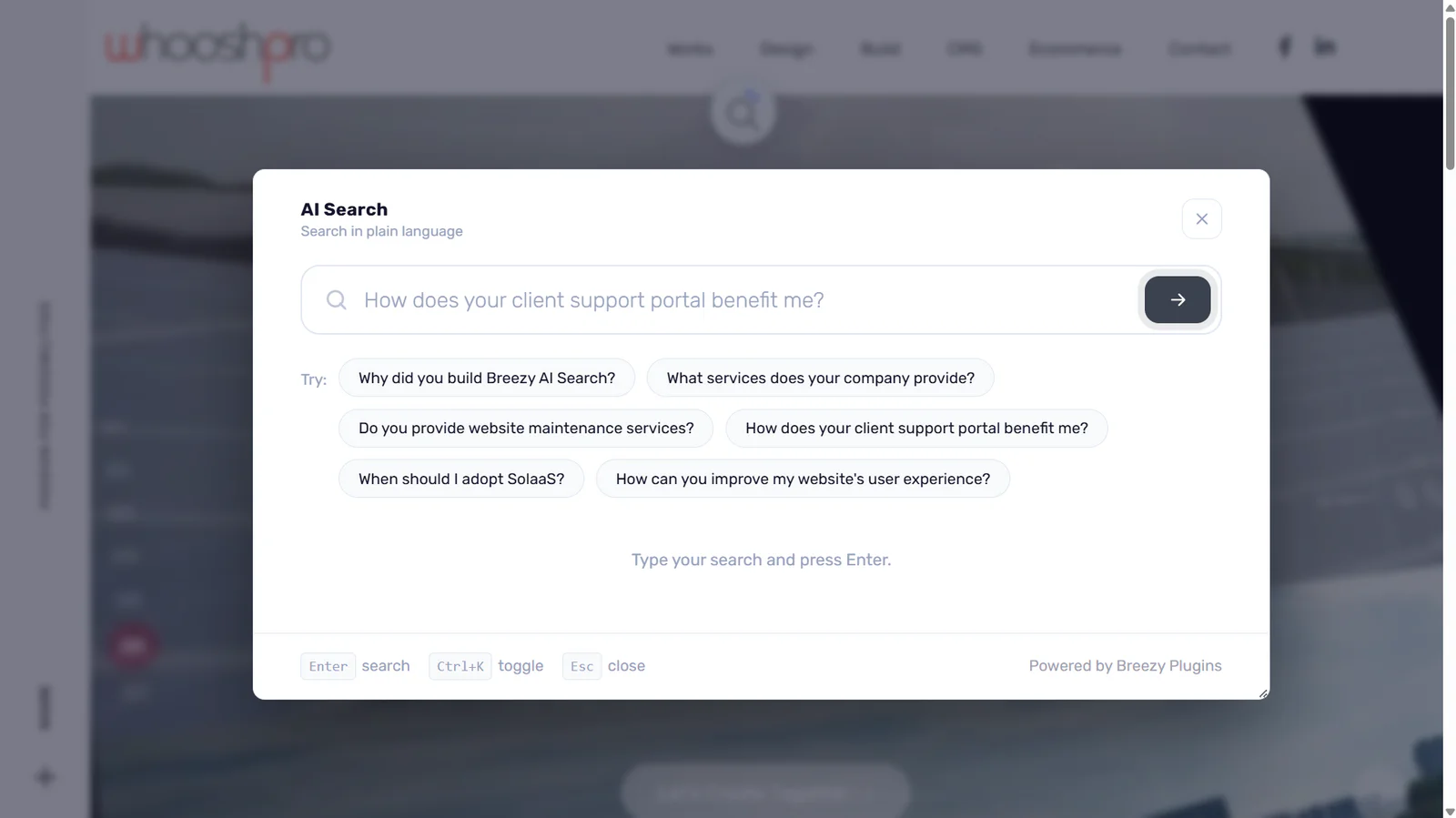 The AI Search dialogue open on whooshpro.com with suggested queries visible