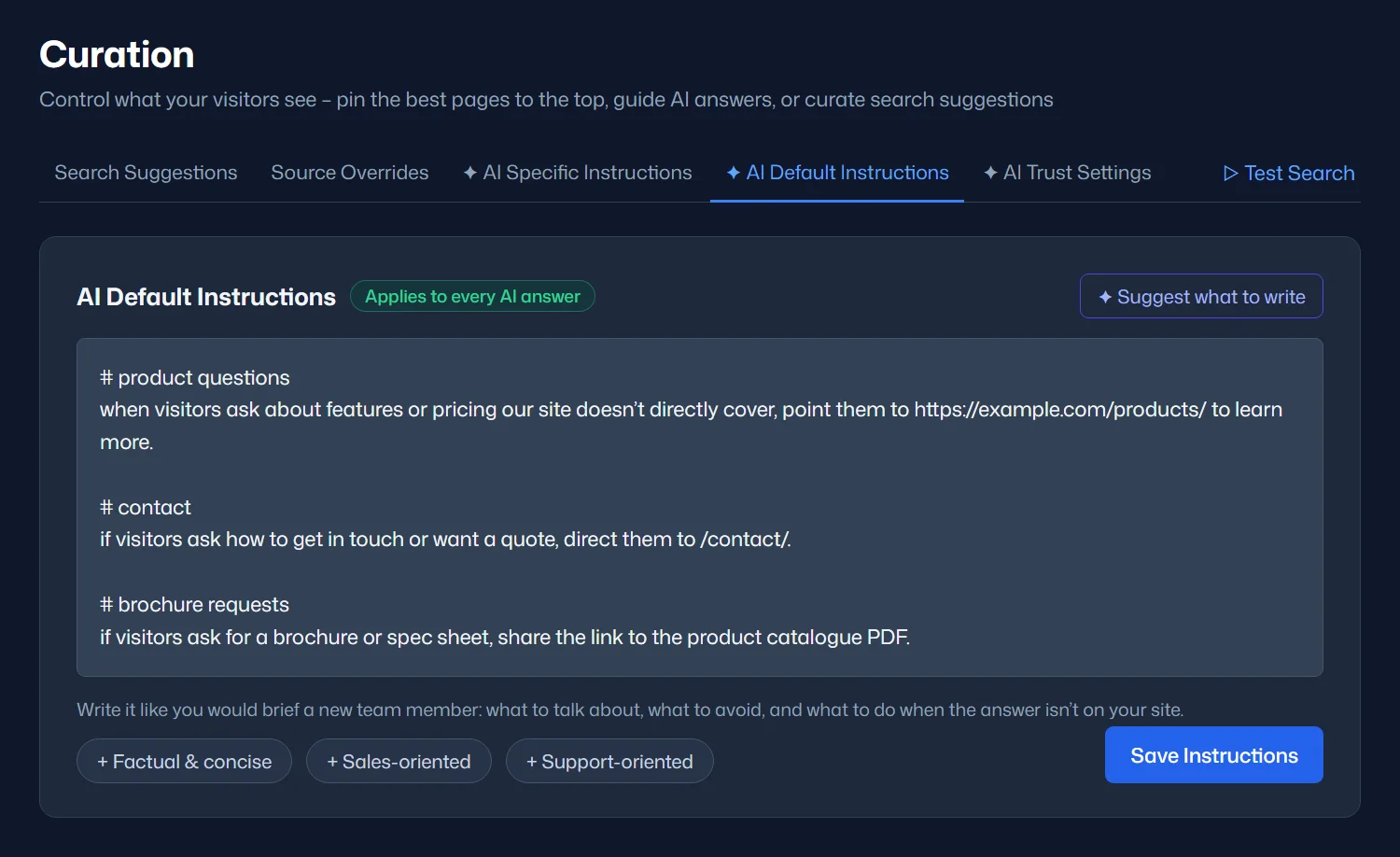 The Curation page, AI Default Instructions tab: plain-language instructions for product questions, contact requests and brochure requests