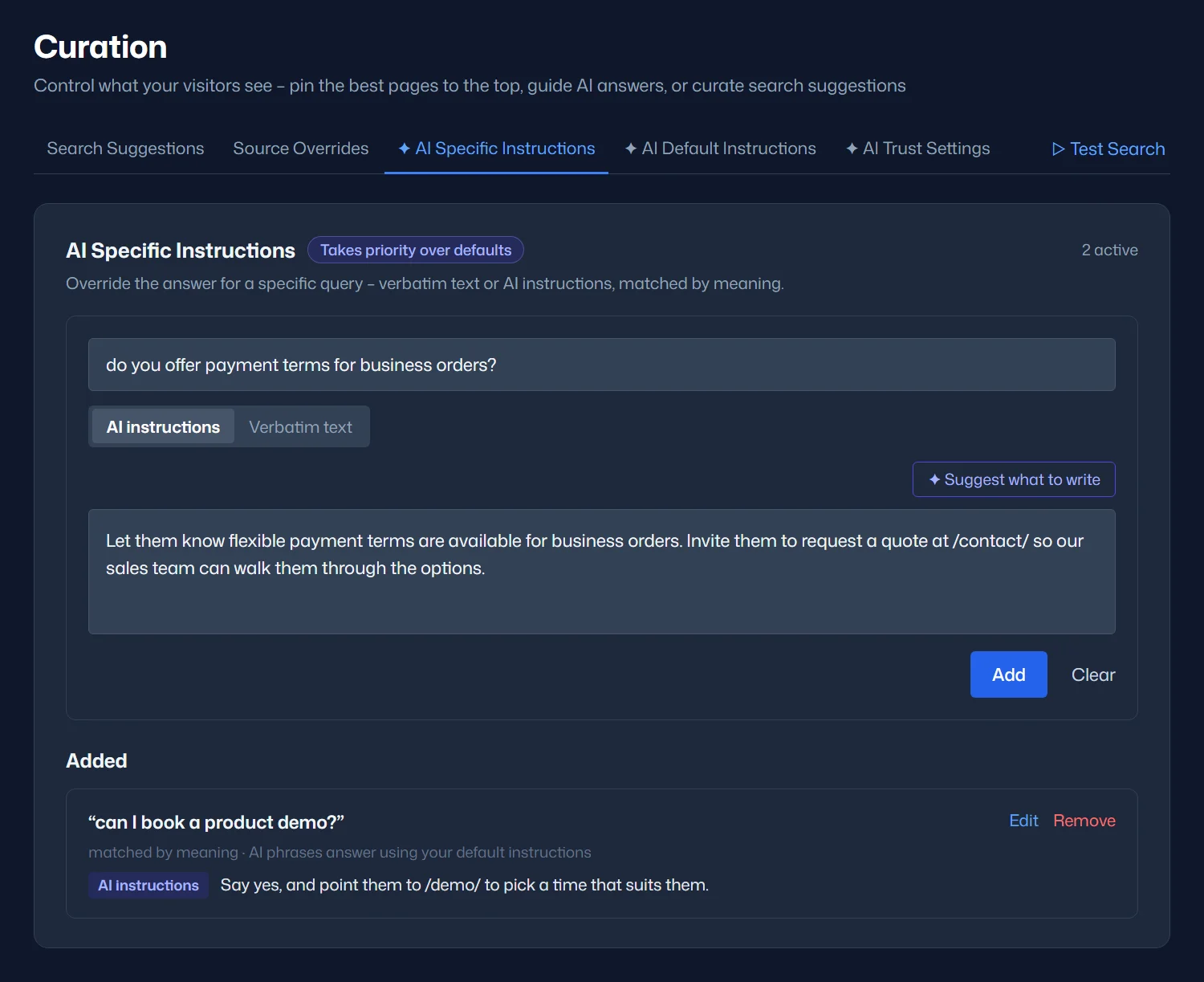 The Curation page, AI Specific Instructions tab: a content-gap question pre-filled with a plain-language instruction inviting the visitor to request a quote, and a saved instruction for a demo request