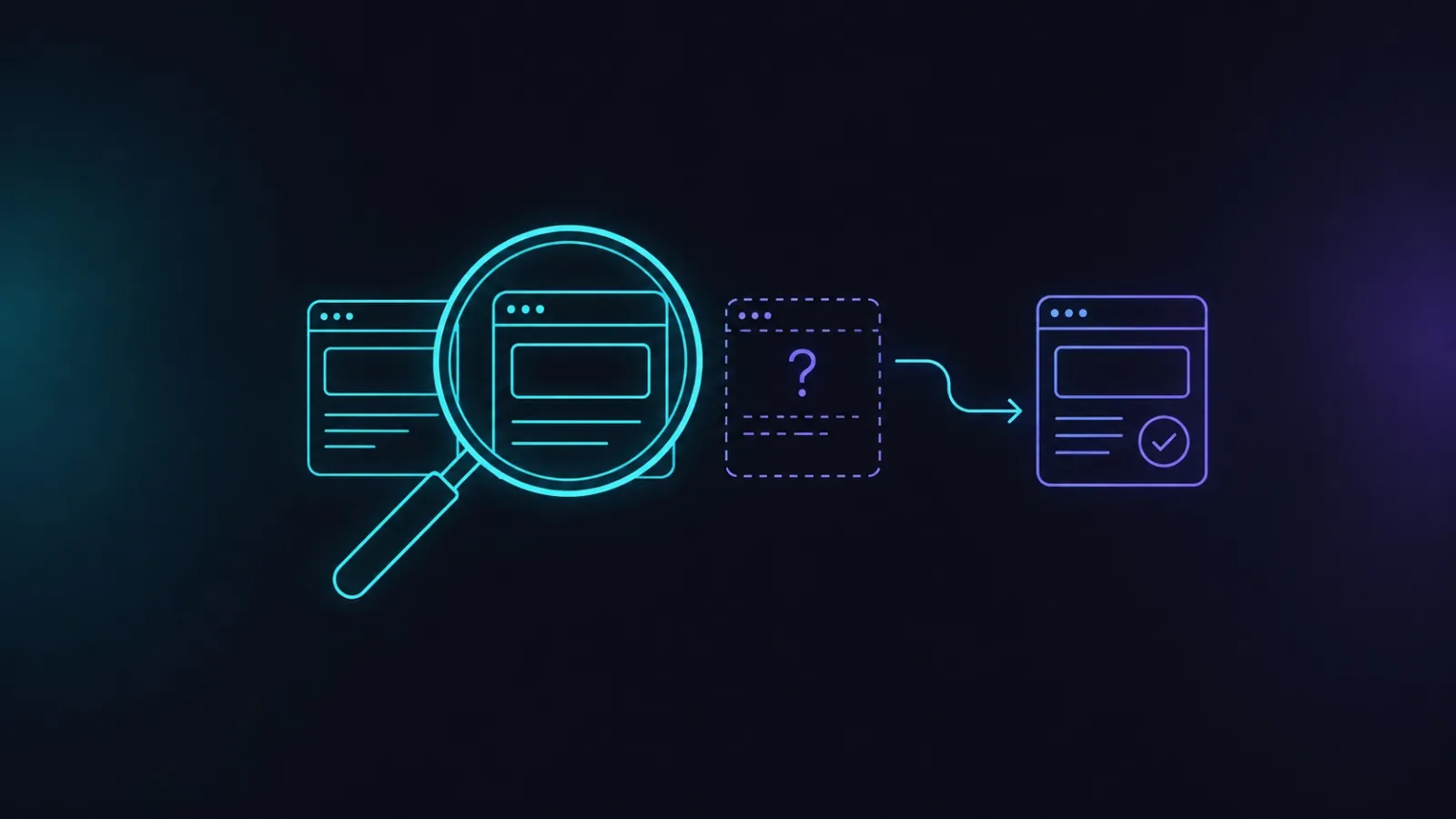 Illustration of a magnifying glass over a website page, pointing to a missing page marked with a question mark that becomes a completed page.