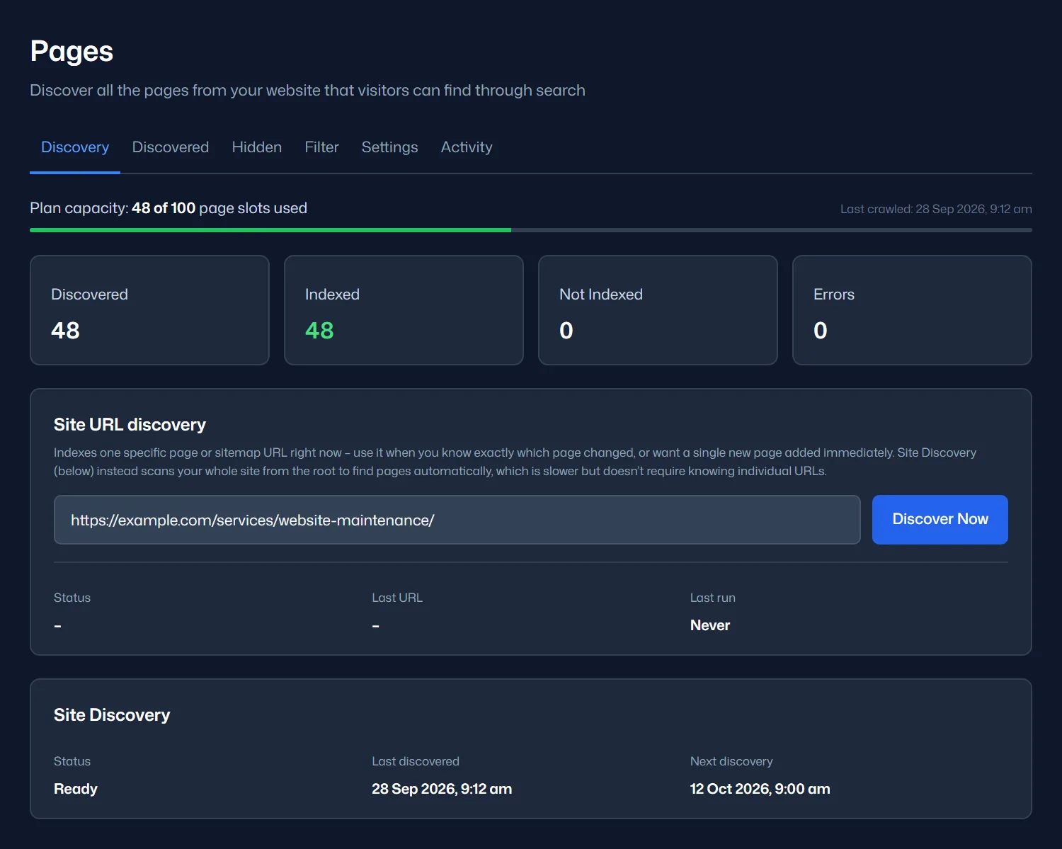 The Pages screen, Discovery tab: the website maintenance page URL entered under Site URL discovery, ready to index with Discover Now, above the Site Discovery schedule status