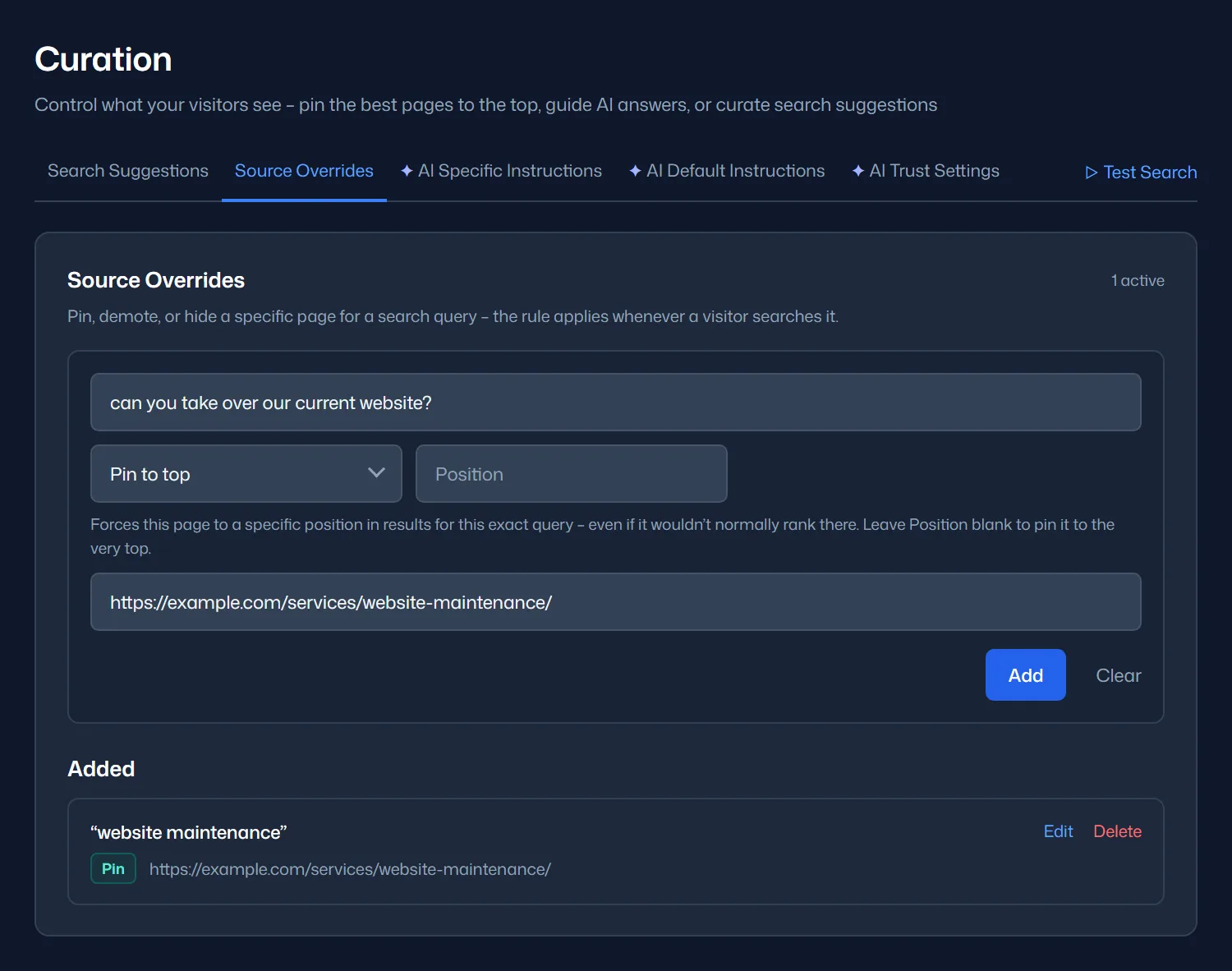 The Curation page, Source Overrides tab: a rule pinning the website maintenance page to the top for the query “can you take over our current website?”, above a saved pin for “website maintenance”